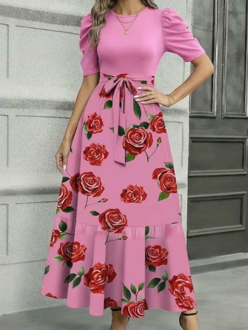 Pink Floral Tie-Waist Maxi Dress